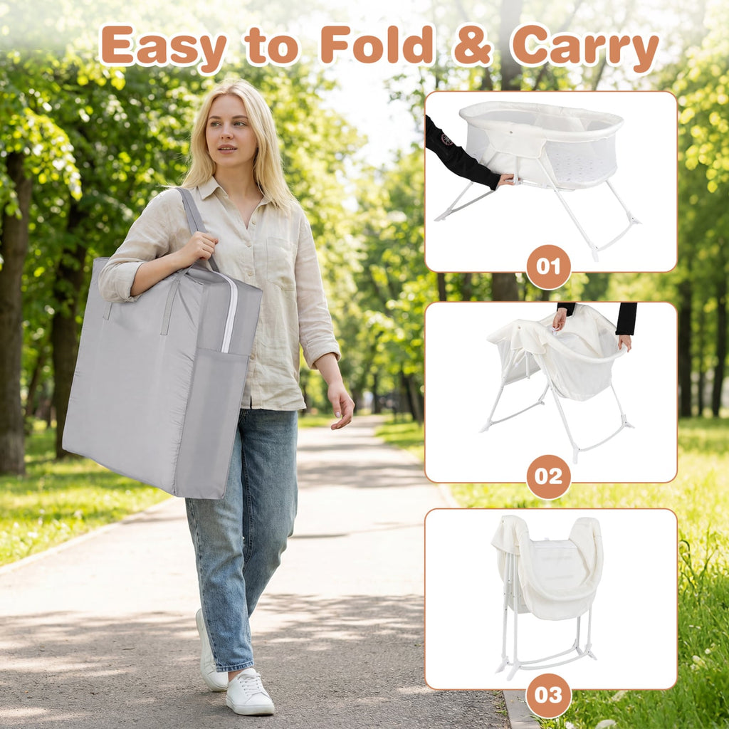 2 in 1 Baby Bassinet with Rocking Motion Foldable Bedside Sleeper with Breathable Mesh-Beige