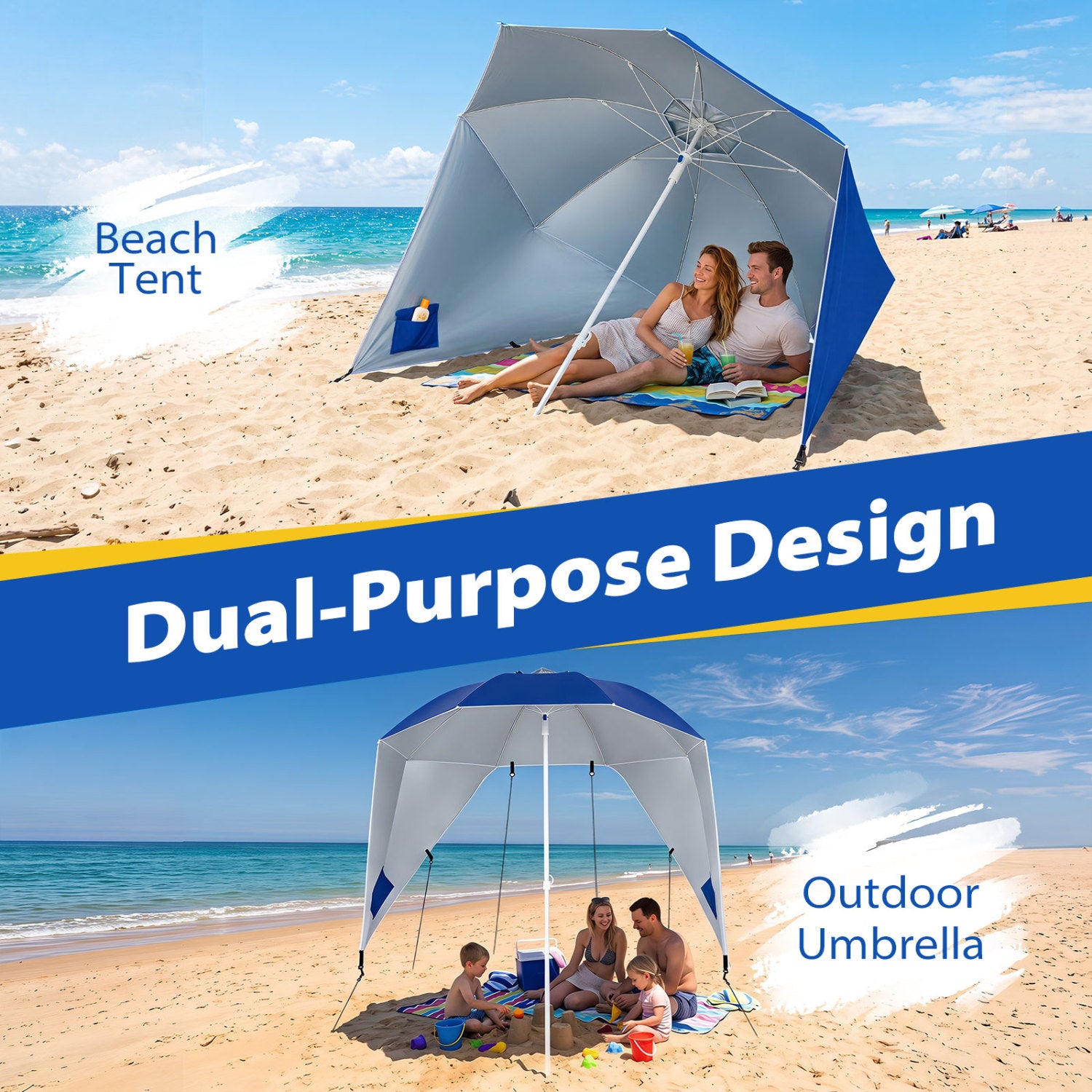 2-in-1 Beach Shelter Umbrella UPF 50+ with Side Panels for Camping Picnic-Blue