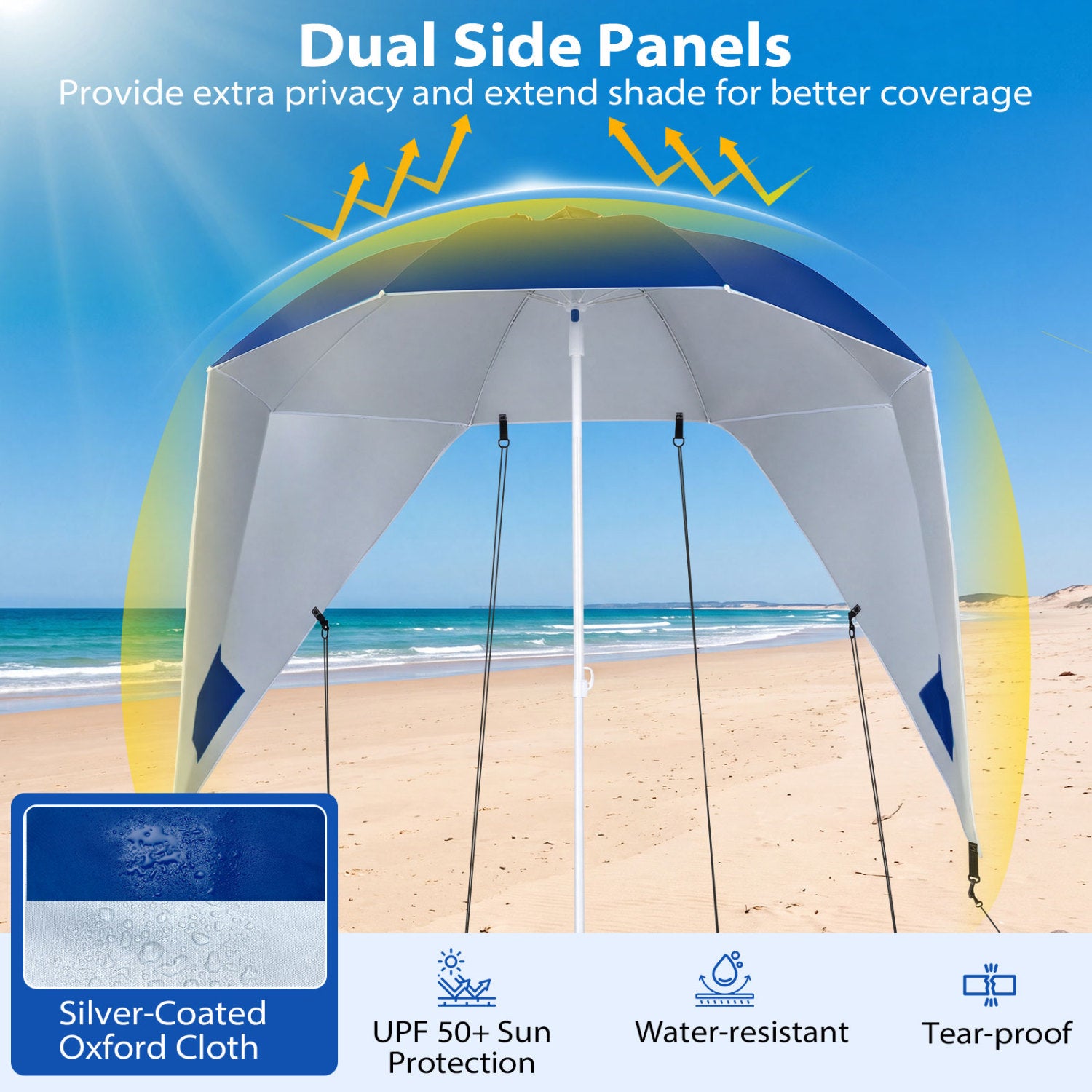 2-in-1 Beach Shelter Umbrella UPF 50+ with Side Panels for Camping Picnic-Blue