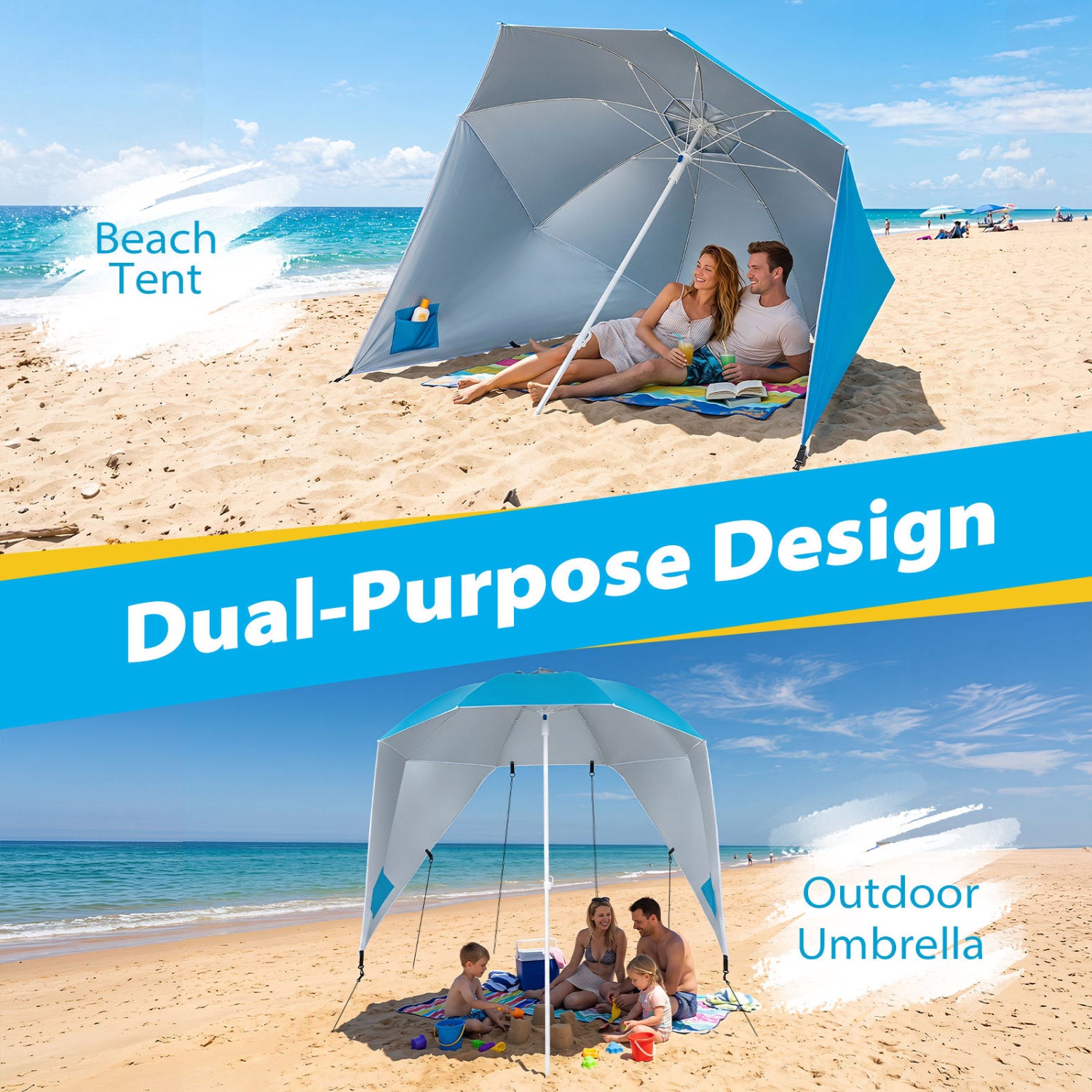 2-in-1 Beach Shelter Umbrella UPF 50+ with Side Panels for Camping Picnic-Turquoise