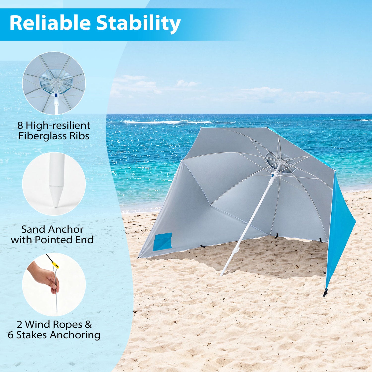 2-in-1 Beach Shelter Umbrella UPF 50+ with Side Panels for Camping Picnic-Turquoise