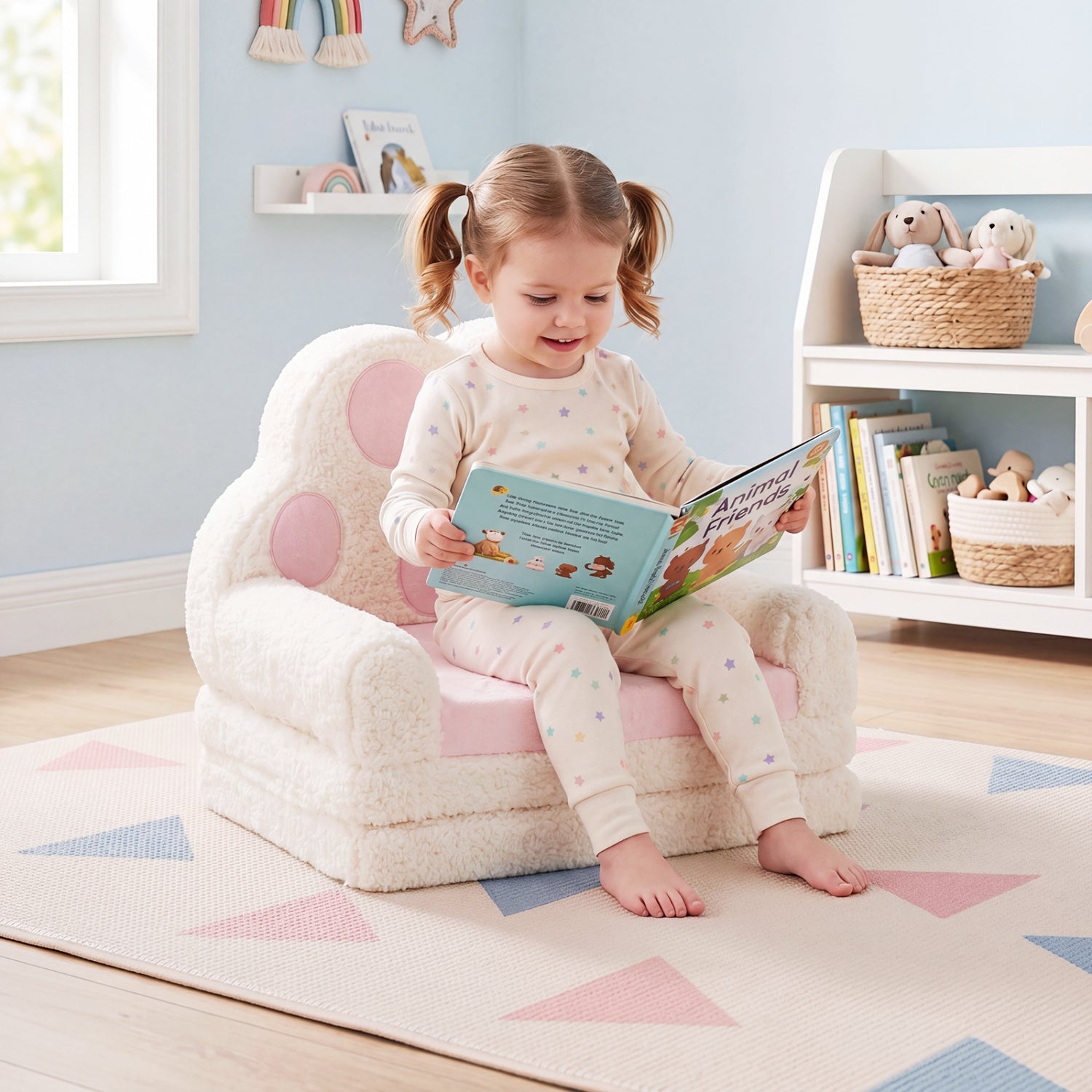 2-in-1 Convertible Kids Sofa to Lounger with Removable Cover-Pink