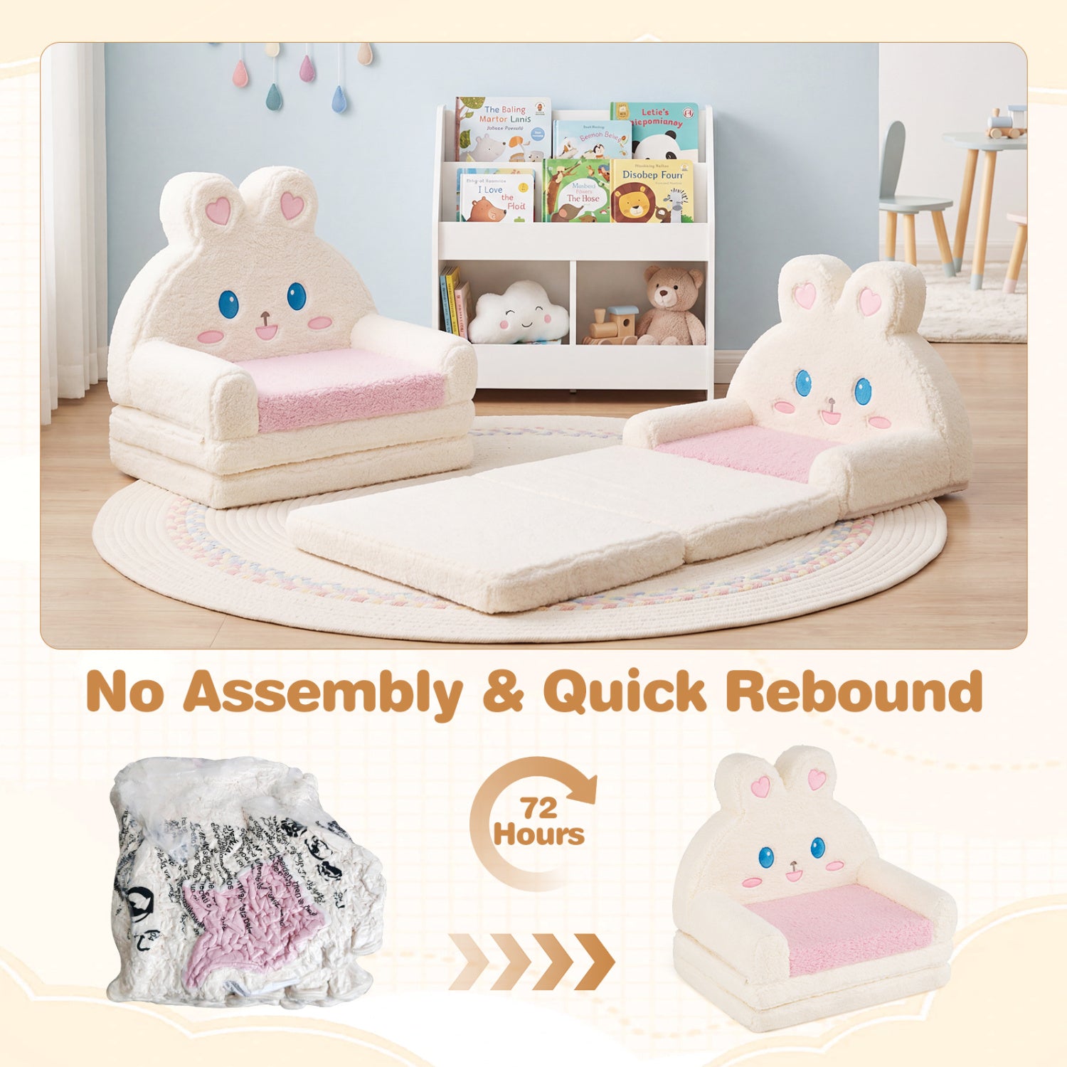 2-in-1 Convertible Kids Sofa to Lounger with Bunny Pattern-Pink