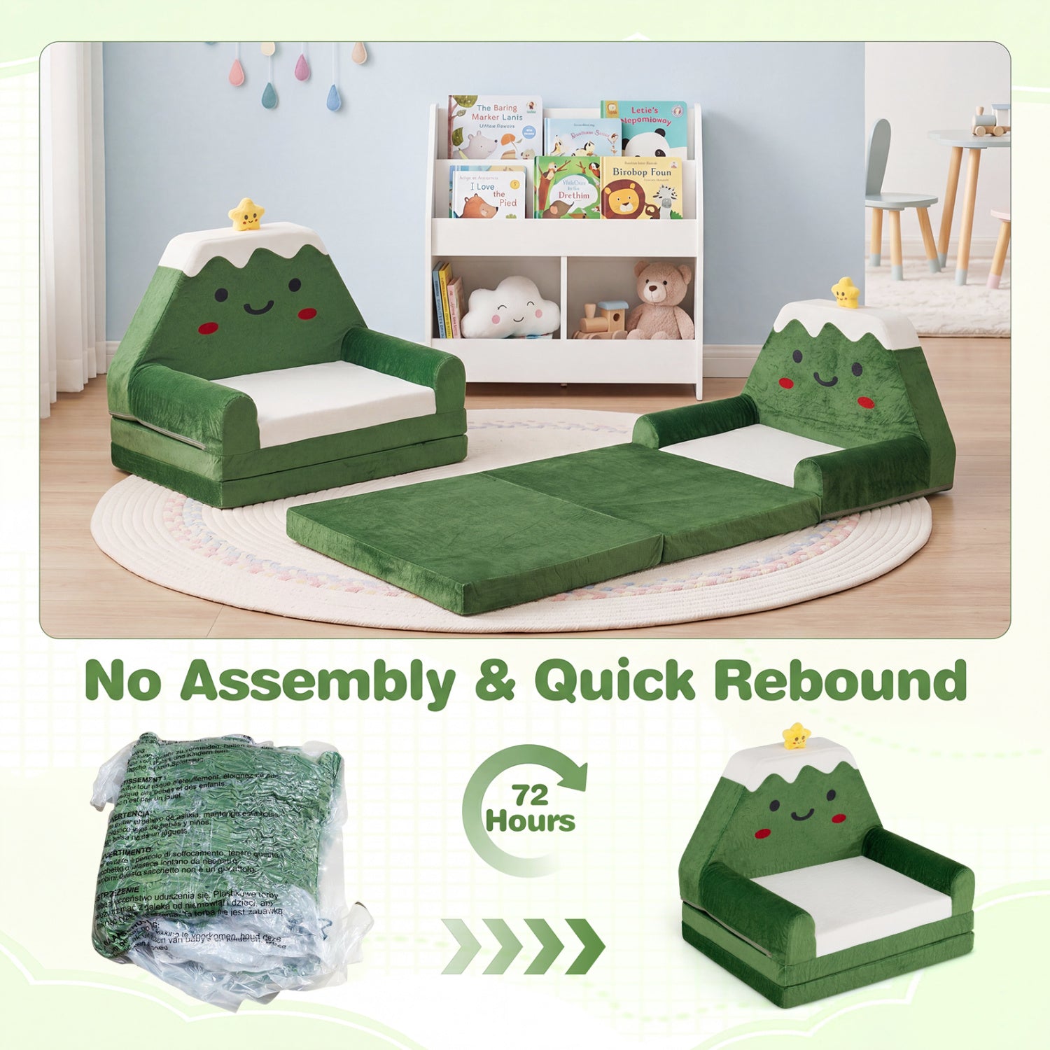 2-in-1 Convertible Kids Sofa to Lounger with Christmas Patterns-Green