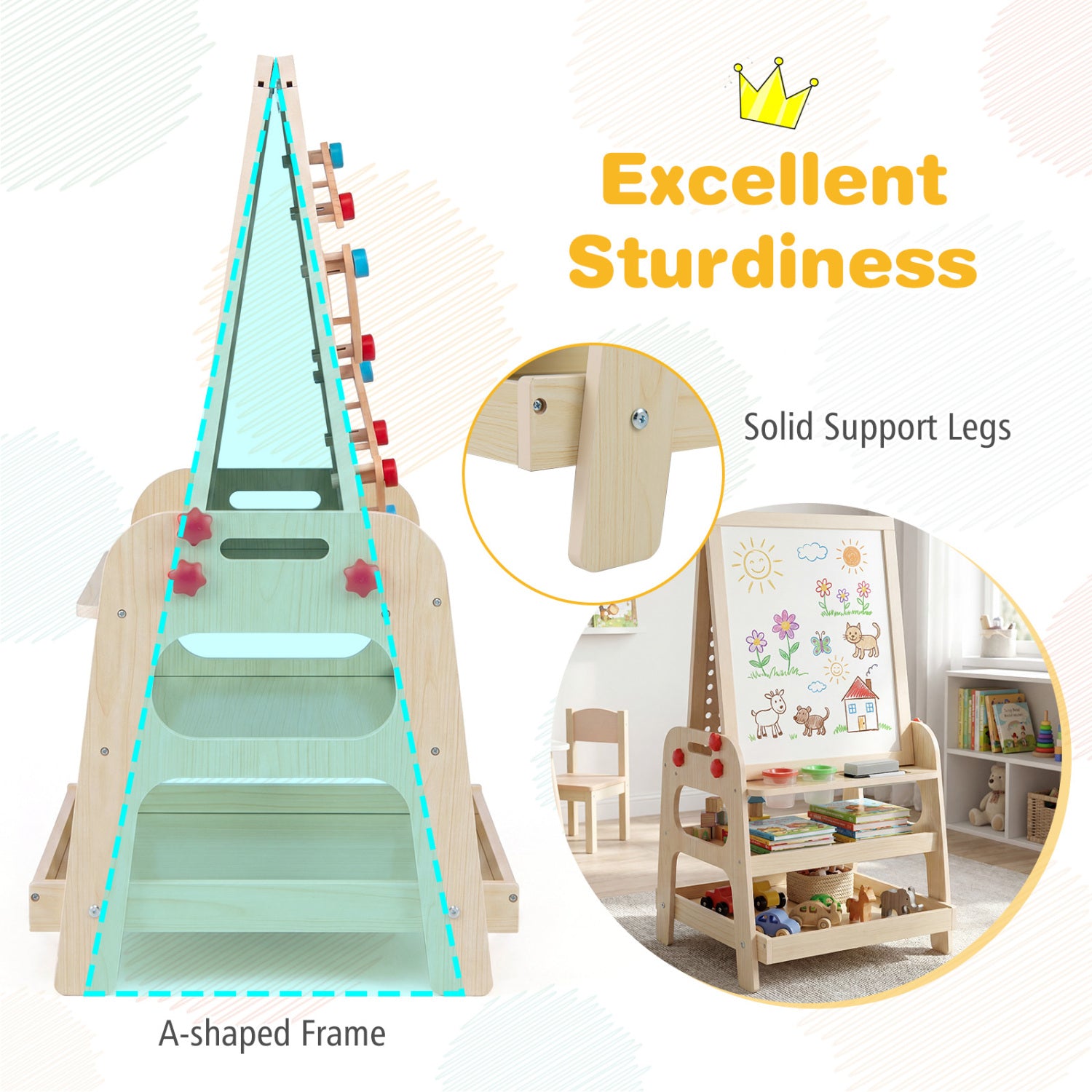 2-in-1 Kids Art Easel with Magnetic Whiteboard and Marble Run Game-Natural