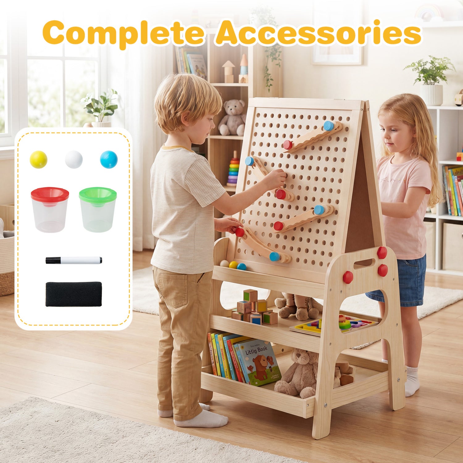 2-in-1 Kids Art Easel with Magnetic Whiteboard and Marble Run Game-Natural