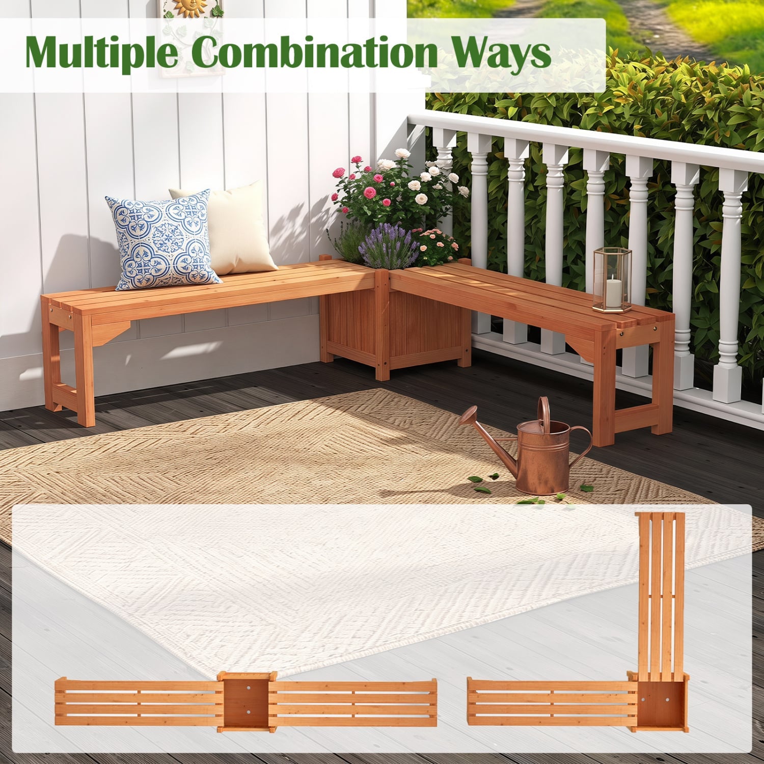 2-in-1 Outdoor Bench with Raised Garden Bed with Spacious Seat and Detachable Bottom Plates-Orange