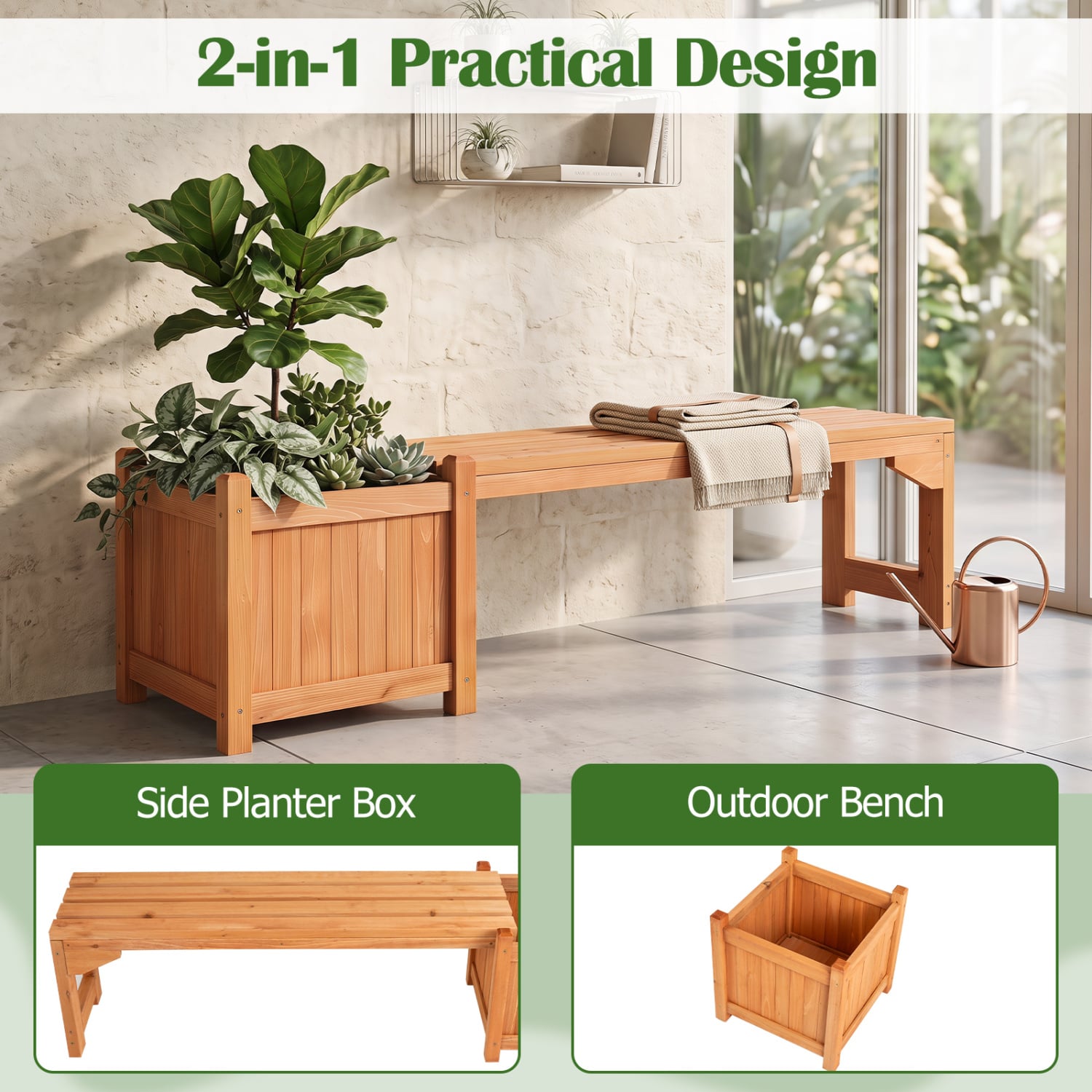Set of 2 Outdoor Bench with Raised Garden Bed with Spacious Seat and Detachable Bottom Plates-Orange