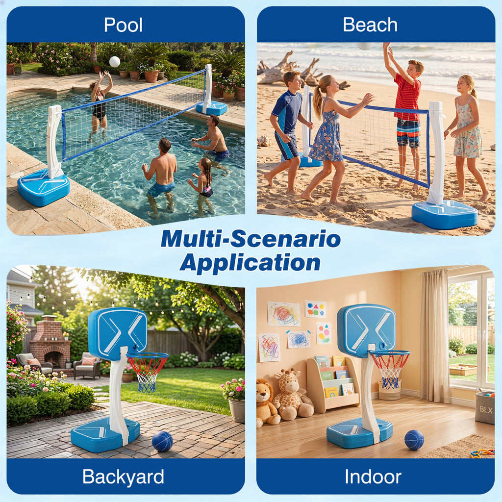 2-in-1 Pool Basketball Hoop and Pool Volleyball Net with Weighted Base