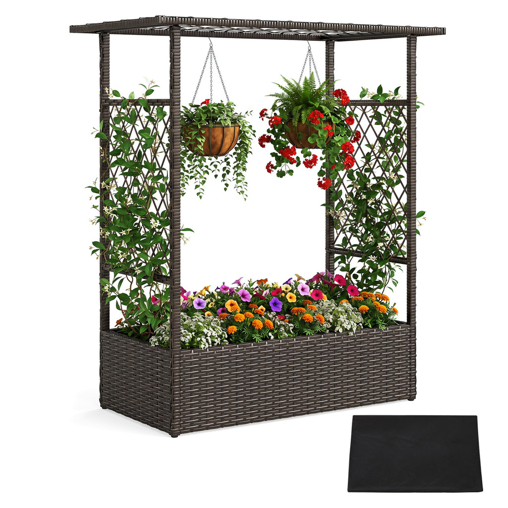 2-in-1 Raised Garden Bed with Hanging Roof and Trellises-Brown