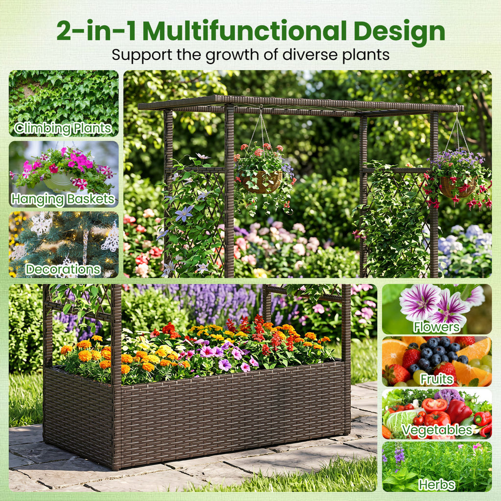 2-in-1 Raised Garden Bed with Hanging Roof and Trellises-Brown