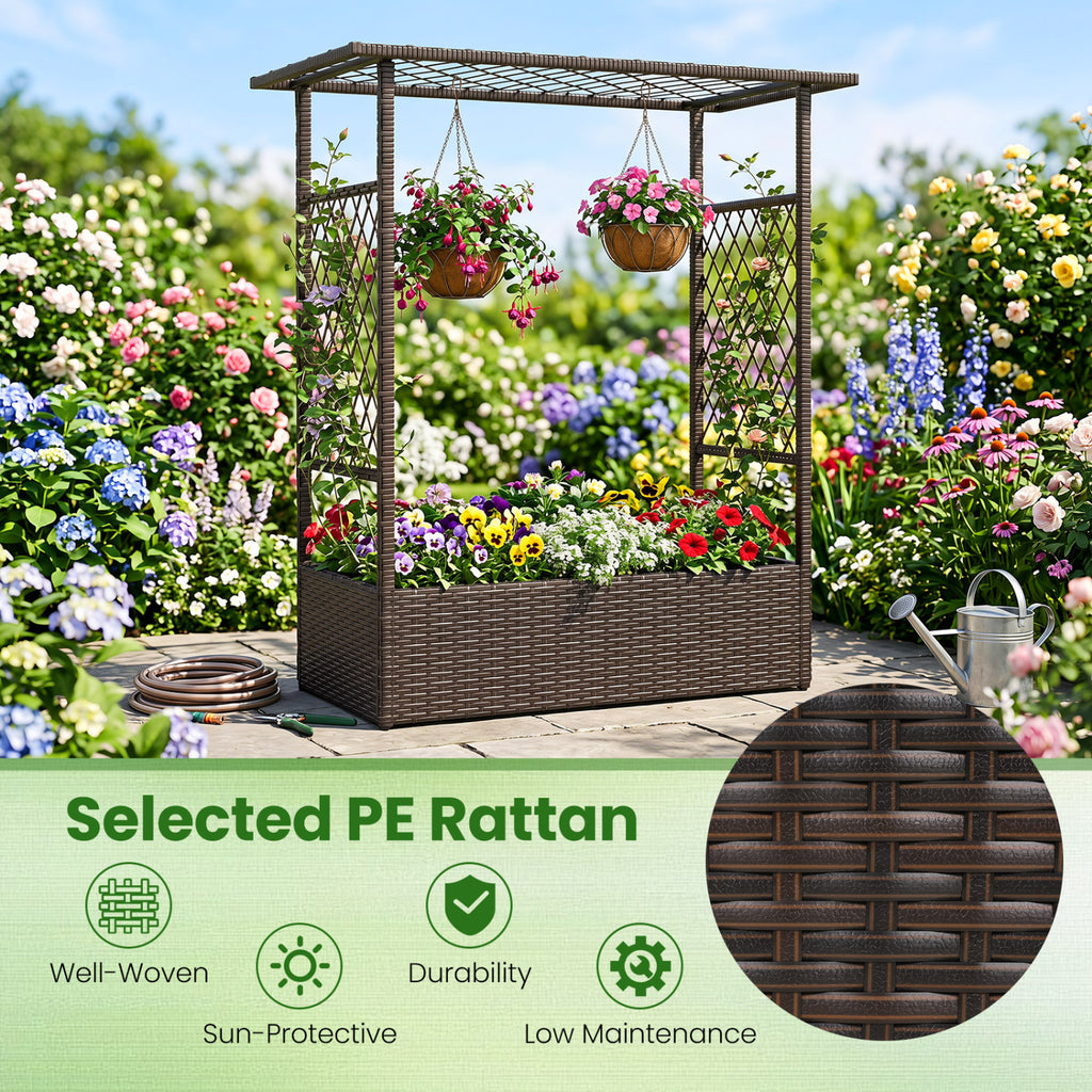 2-in-1 Raised Garden Bed with Hanging Roof and Trellises-Brown