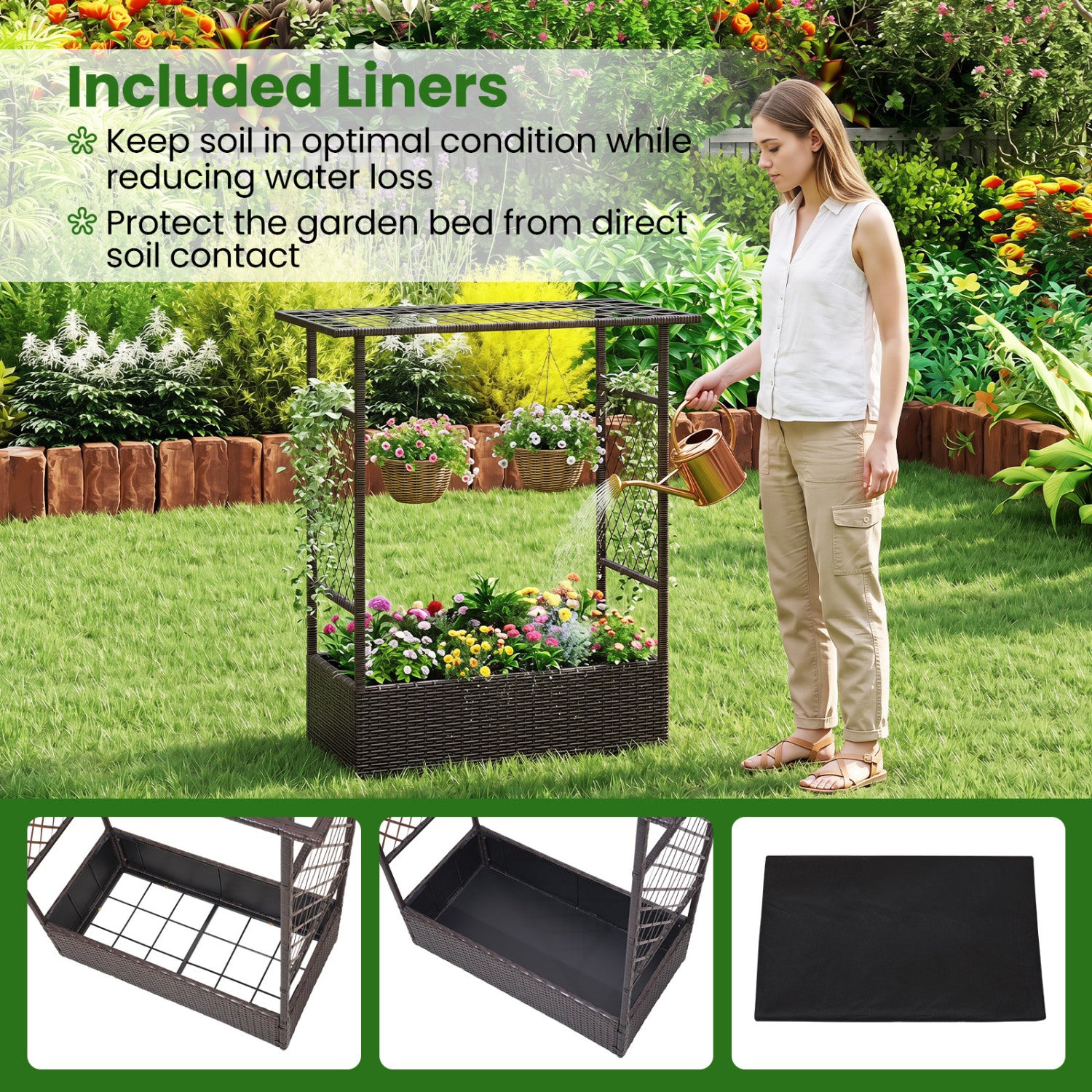 2-in-1 Raised Garden Bed with Hanging Roof and Trellises-Brown