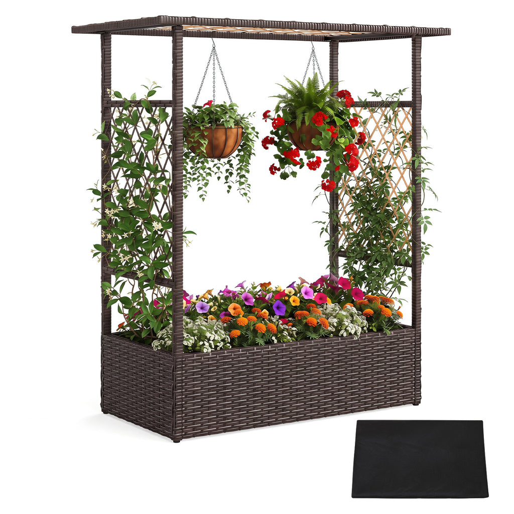 Jardinière surélevée 2-en-1 avec toit suspendu et treillis - Marron
