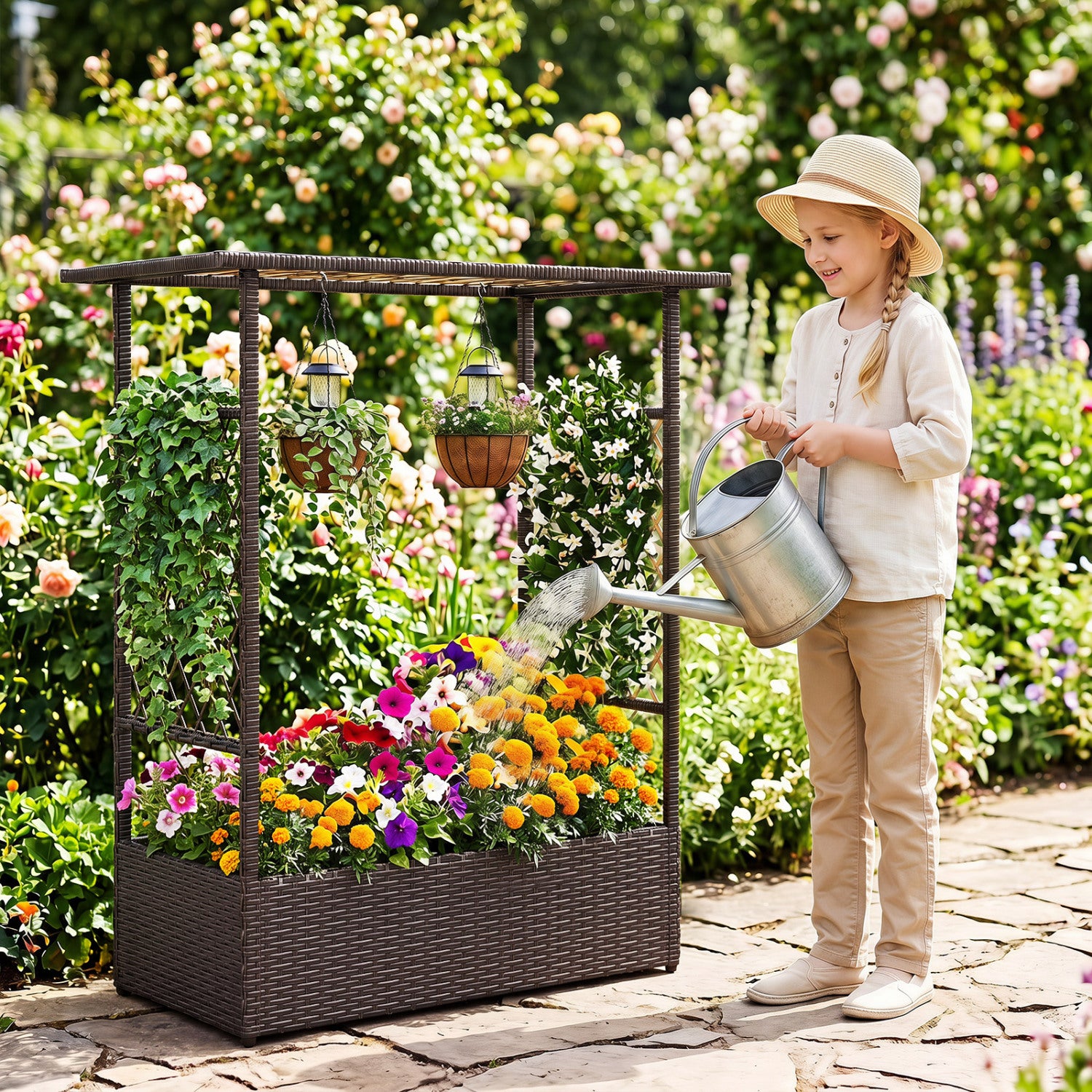 Jardinière surélevée 2-en-1 avec toit suspendu et treillis - Marron