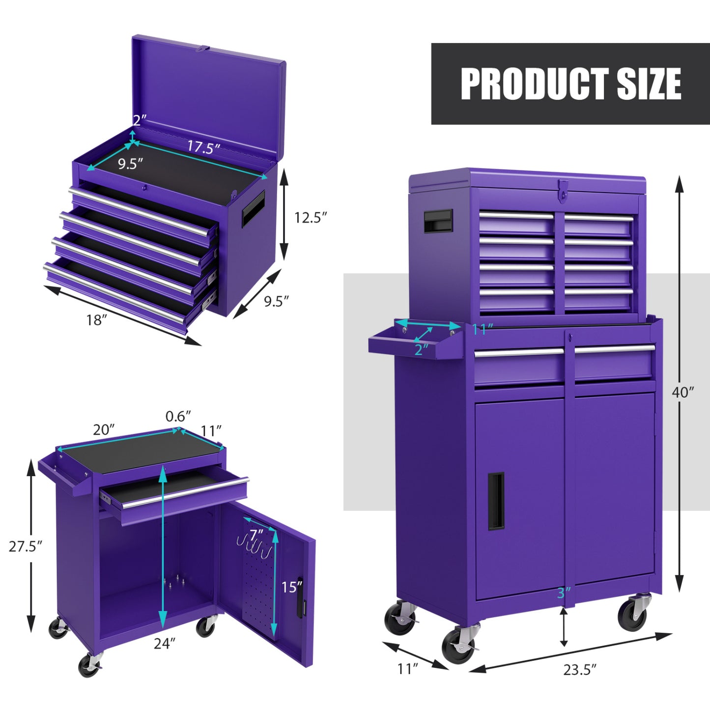 2-in-1 Rolling Tool Chest with 5 Sliding Lockable Drawers-Purple