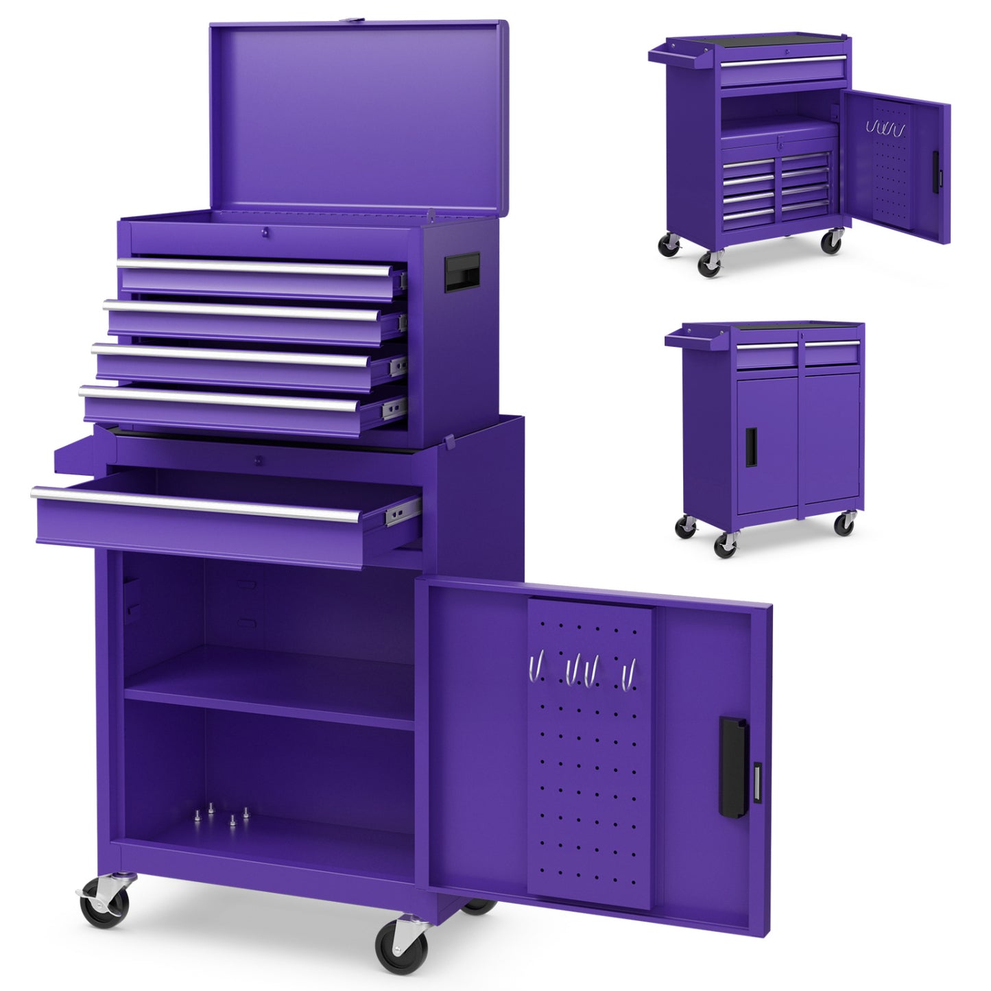 2-in-1 Rolling Tool Chest with 5 Sliding Lockable Drawers-Purple