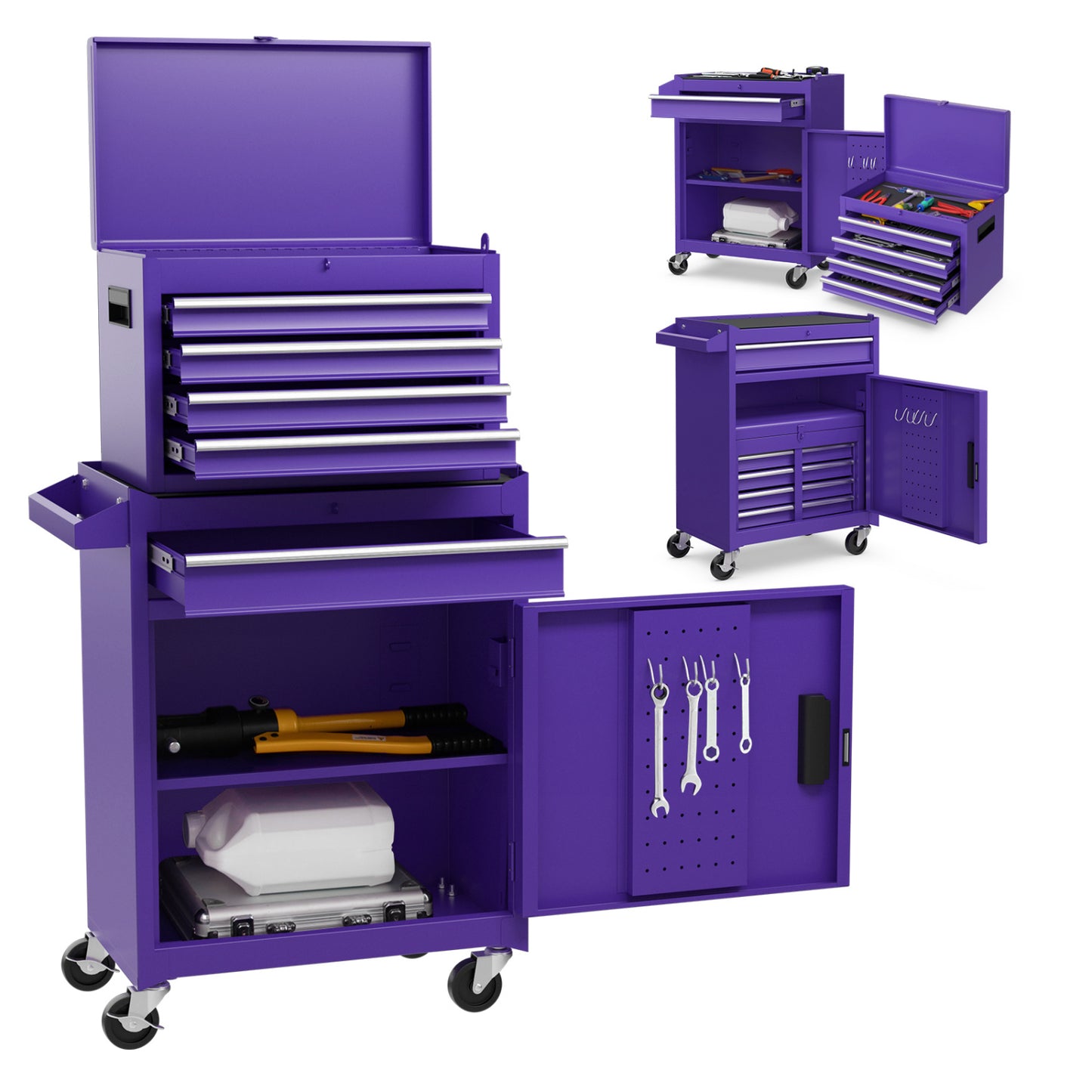 2-in-1 Rolling Tool Chest with 5 Sliding Lockable Drawers-Purple