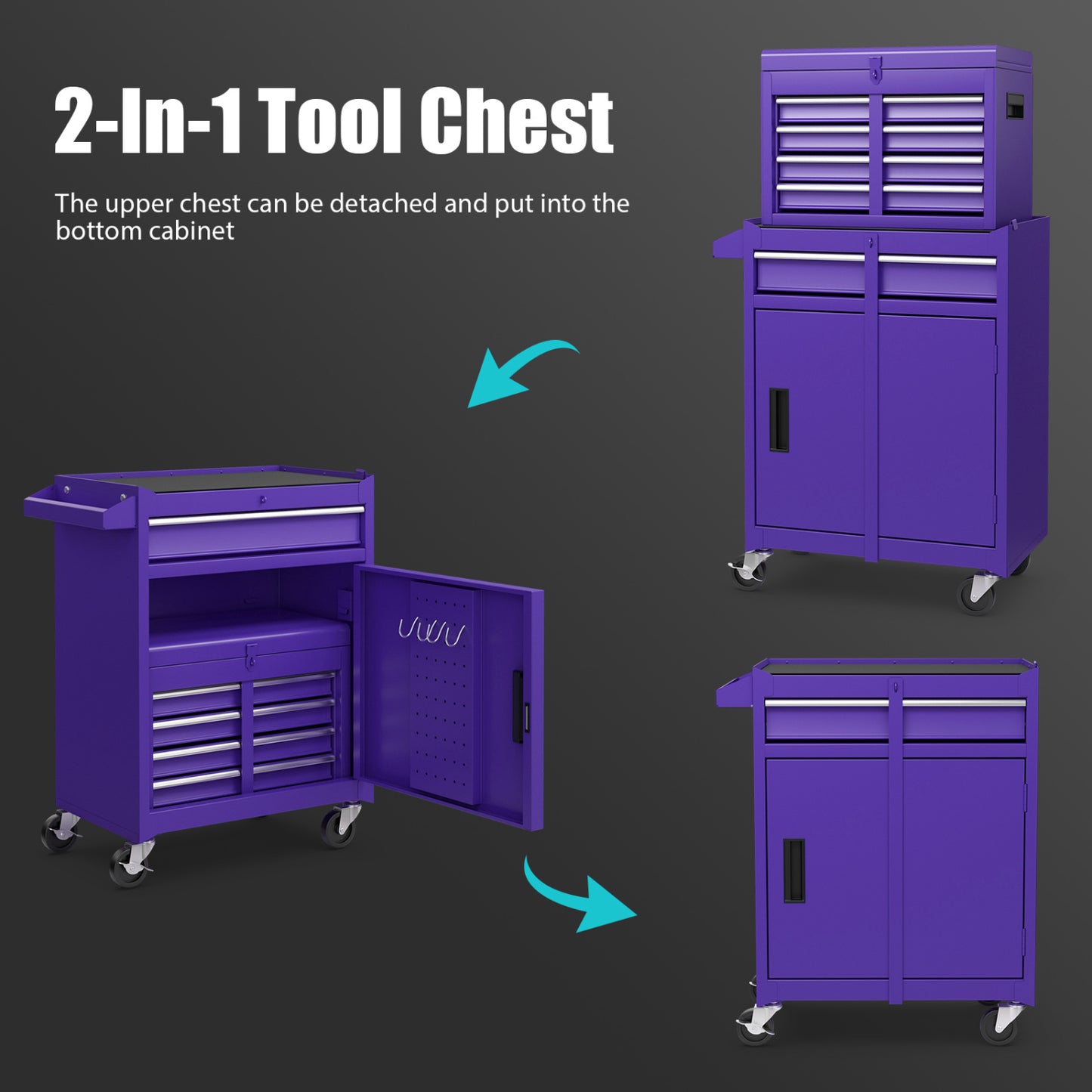 2-in-1 Rolling Tool Chest with 5 Sliding Lockable Drawers-Purple