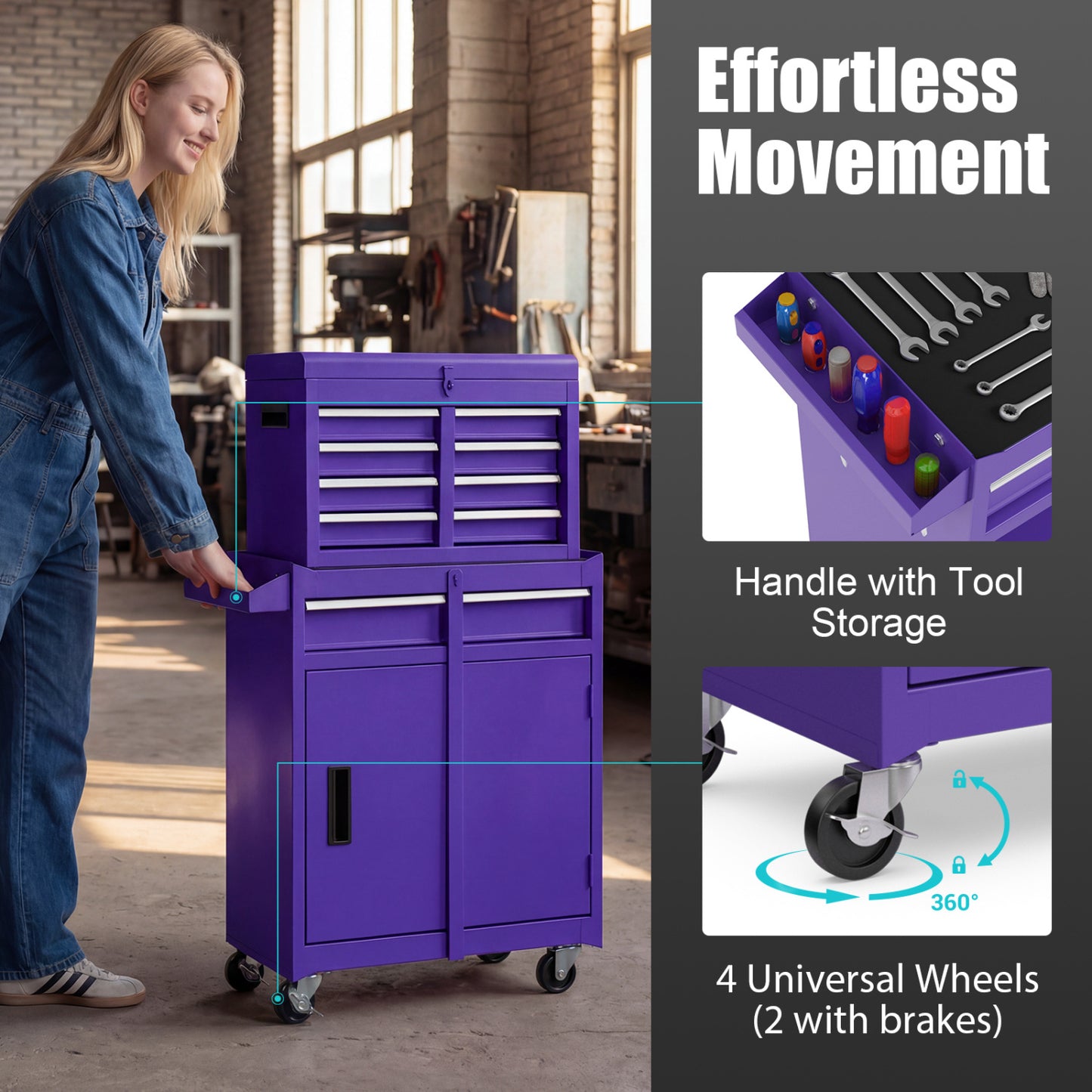 2-in-1 Rolling Tool Chest with 5 Sliding Lockable Drawers-Purple