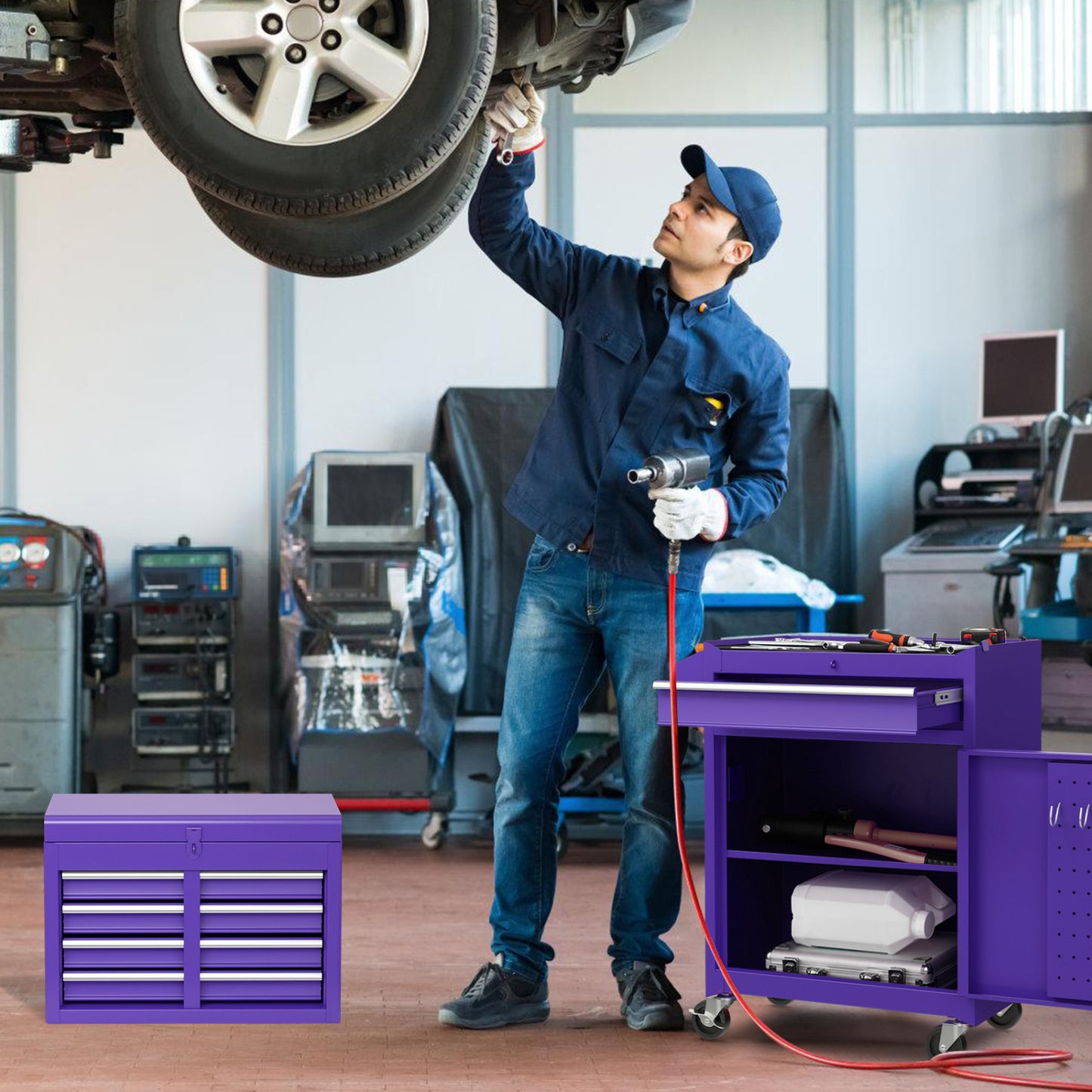 2-in-1 Rolling Tool Chest with 5 Sliding Lockable Drawers-Purple