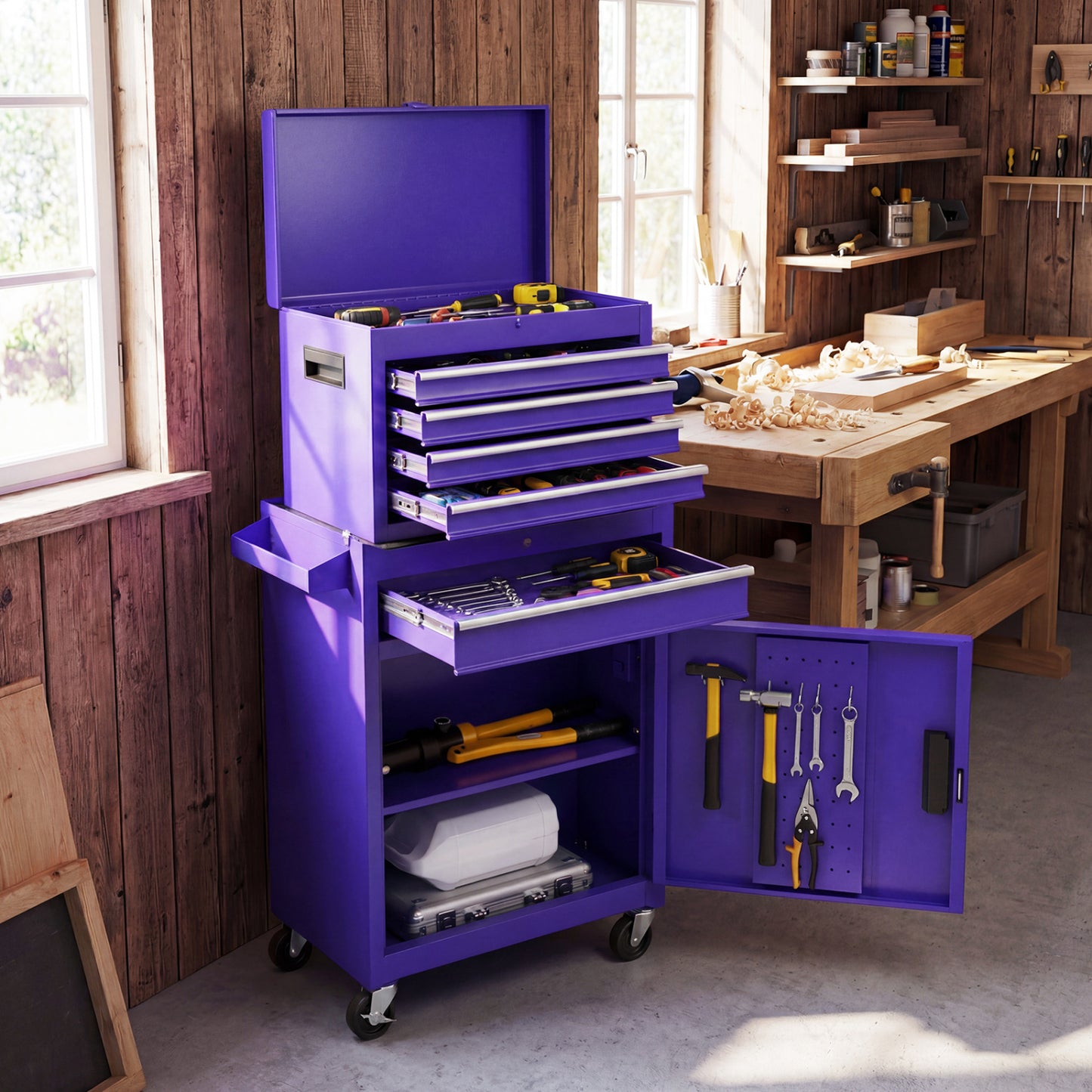 2-in-1 Rolling Tool Chest with 5 Sliding Lockable Drawers-Purple