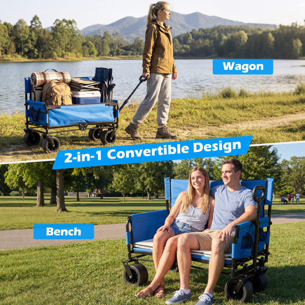 2-in-1 Wagon Bench Seat Combo Collapsible Beach Cart-Blue