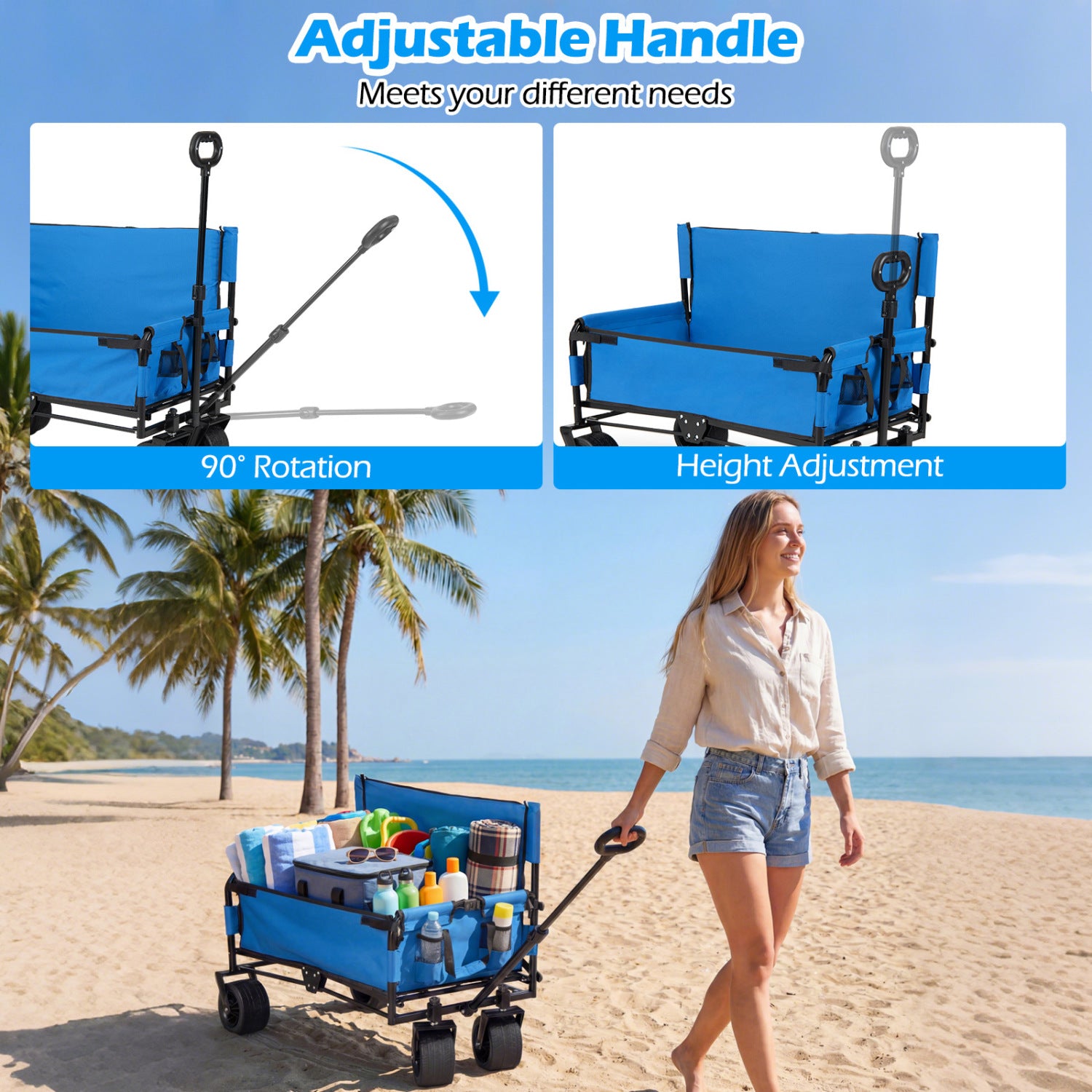 2-in-1 Wagon Bench Seat Combo Collapsible Beach Cart-Blue