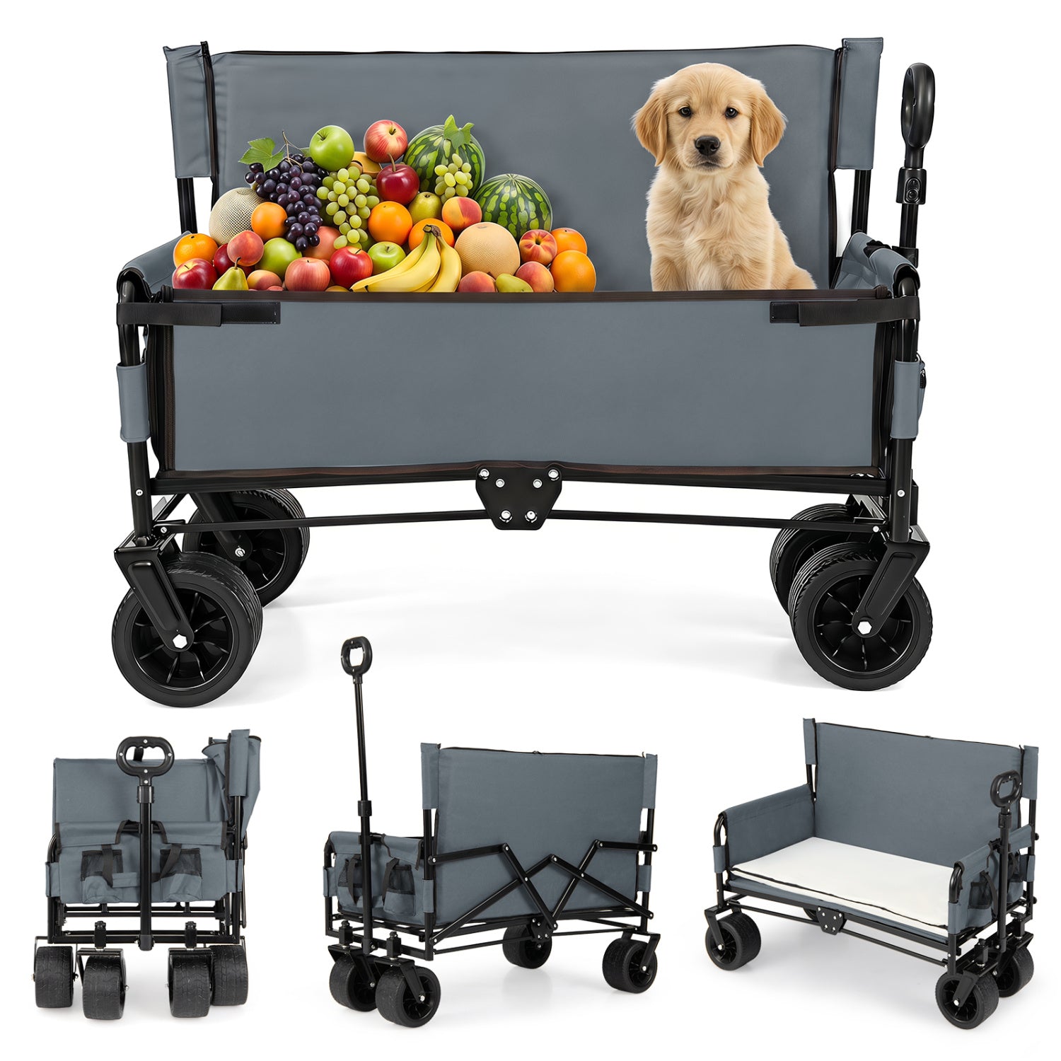 2-in-1 Wagon Bench Seat Combo Collapsible Beach Cart-Gray