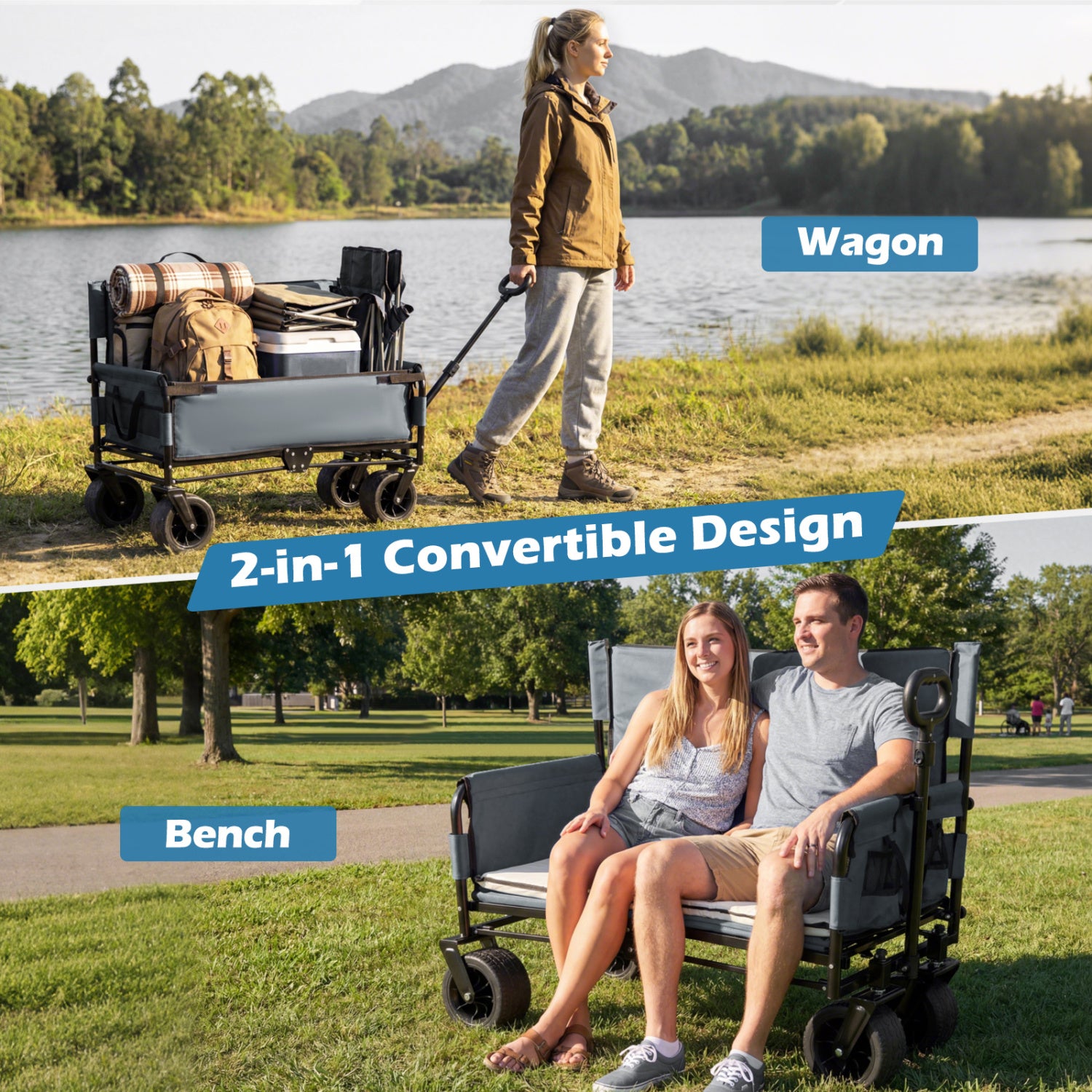 2-in-1 Wagon Bench Seat Combo Collapsible Beach Cart-Gray