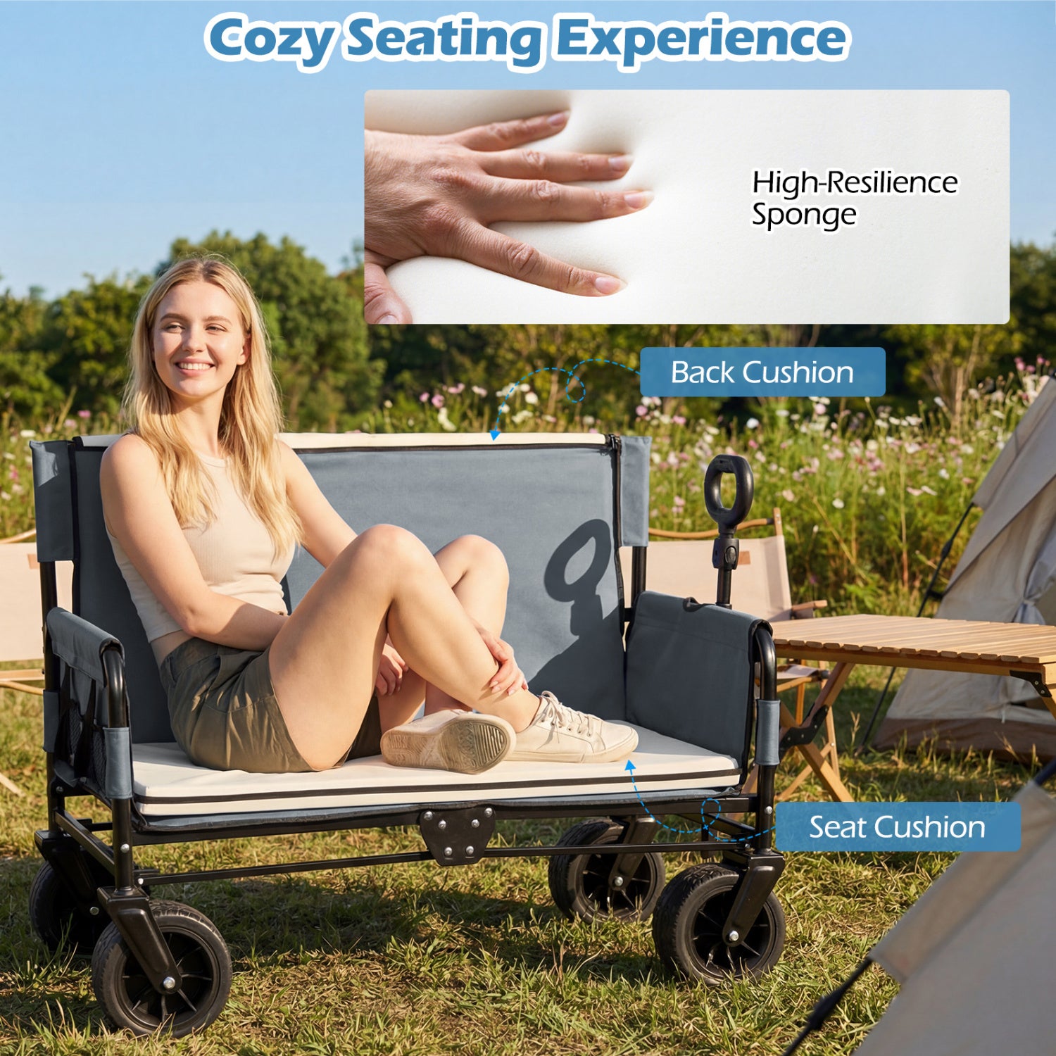 2-in-1 Wagon Bench Seat Combo Collapsible Beach Cart-Gray