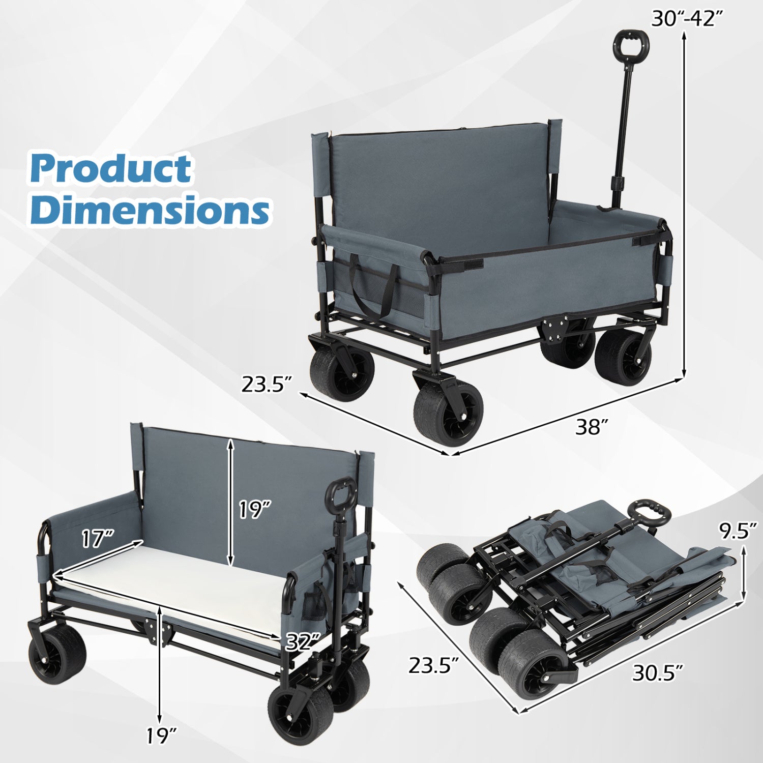 2-in-1 Wagon Bench Seat Combo Collapsible Beach Cart-Gray