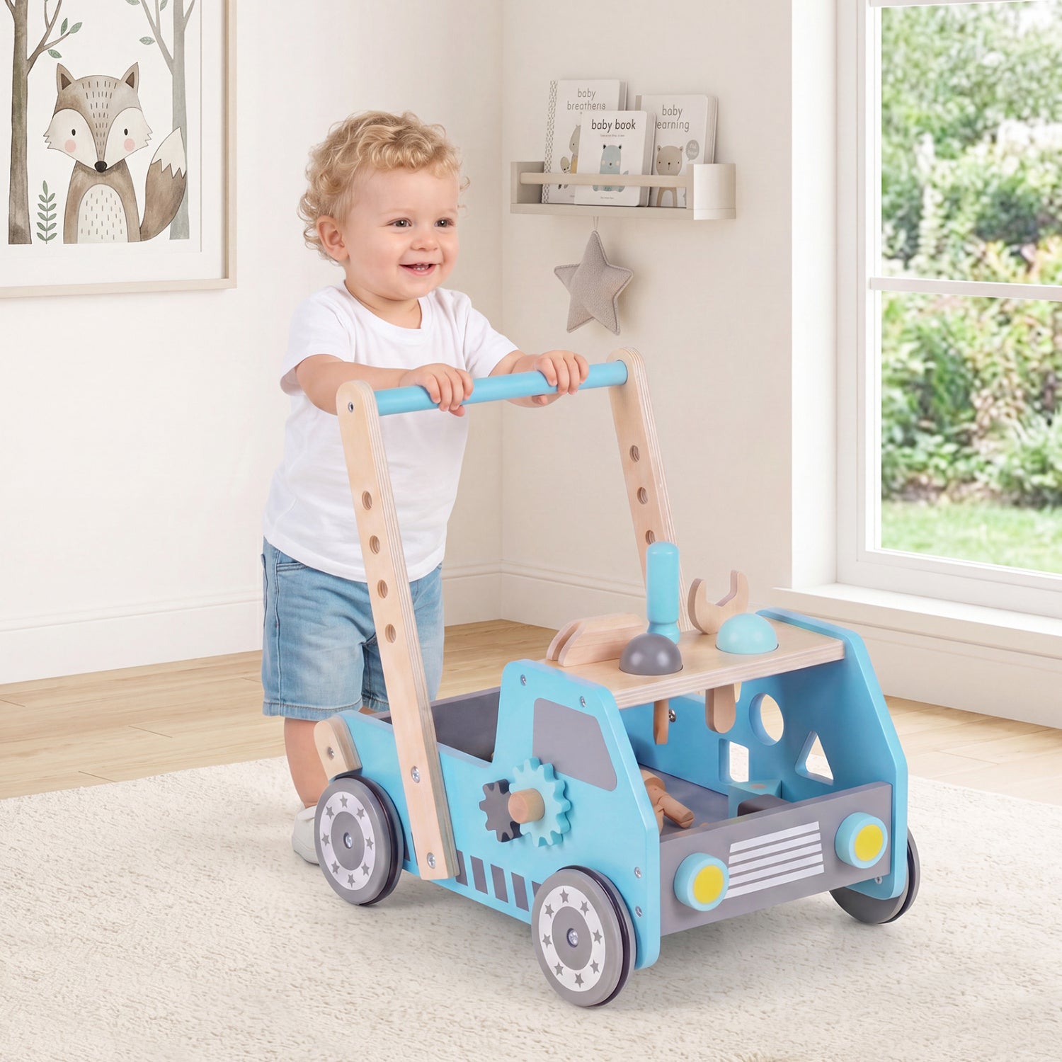 2-in-1 Wooden Baby Walker with Adjustable Speed and Bottom Storage-Blue
