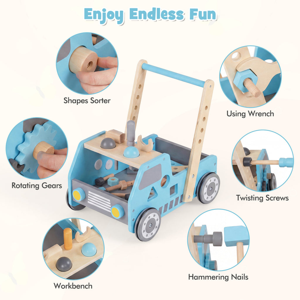 2-in-1 Wooden Baby Walker with Adjustable Speed and Bottom Storage-Blue
