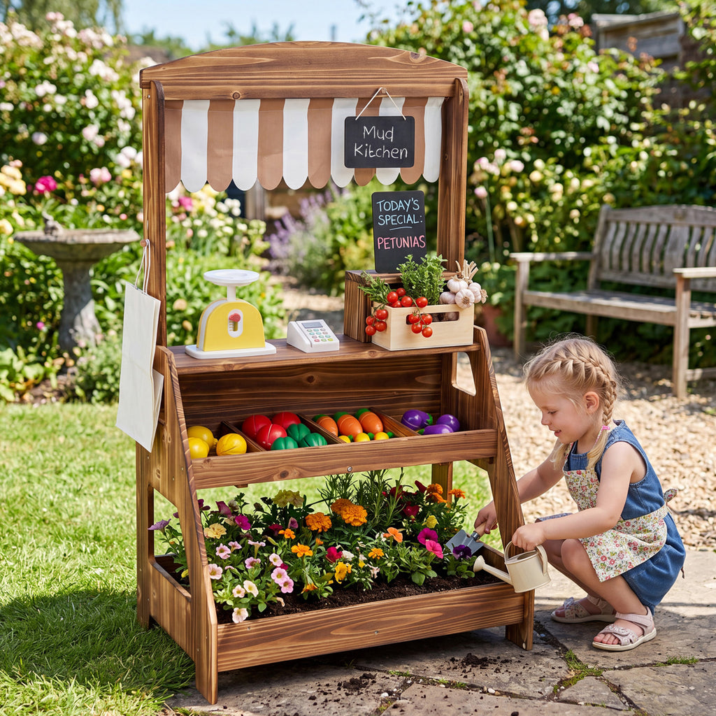 2-in-1 Wooden Mud Kitchen and Market Stand for Kids Outdoor with Planter Box and 2 Chalkboards-Brown