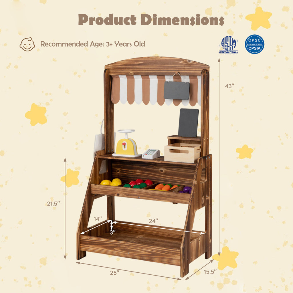 2-in-1 Wooden Mud Kitchen and Market Stand for Kids Outdoor with Planter Box and 2 Chalkboards-Brown