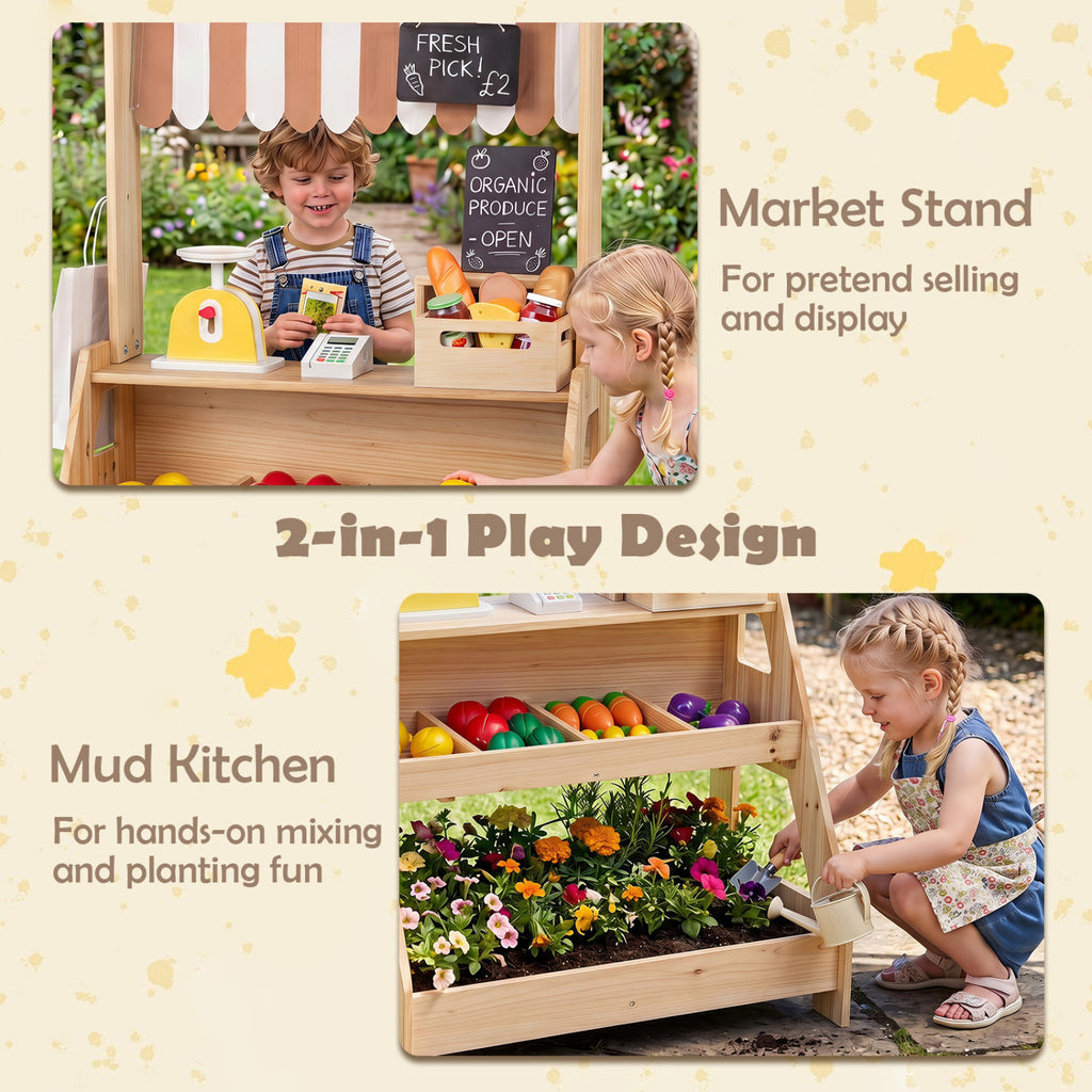2-in-1 Wooden Mud Kitchen and Market Stand for Kids Outdoor with Planter Box and 2 Chalkboards-Natrual