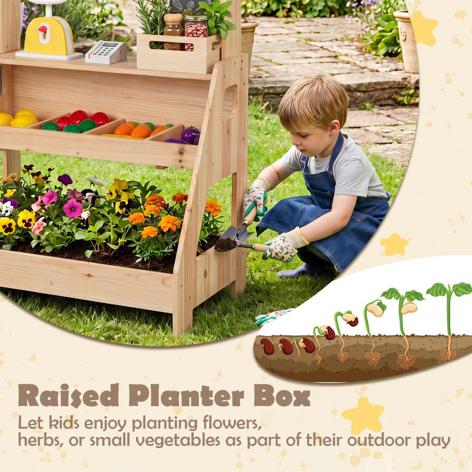 2-in-1 Wooden Mud Kitchen and Market Stand for Kids Outdoor with Planter Box and 2 Chalkboards-Natrual