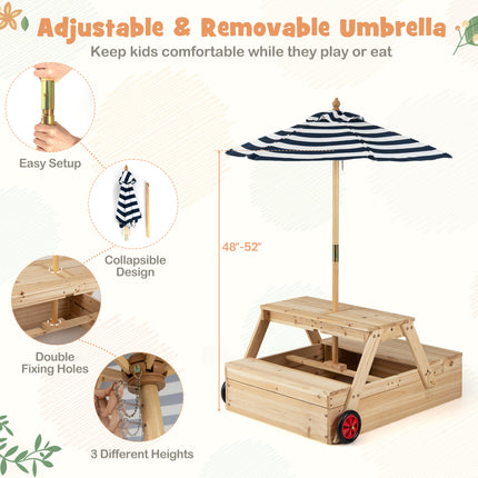 2-in-1 Wooden Sandbox with Foldable Umbrella and Convertible Picnic Table-Blue
