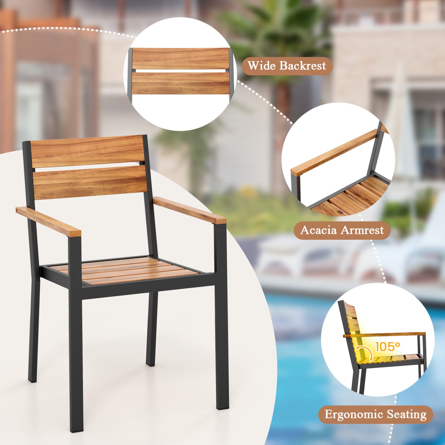 2 piece Outside Patio Dining Chair with Acacia Armrest for Backyard Garden