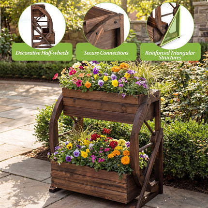 2-tier Raised Garden Bed Rustic Wood Wagon Planter with Drainage Holes and Semi-wheels-Coffee