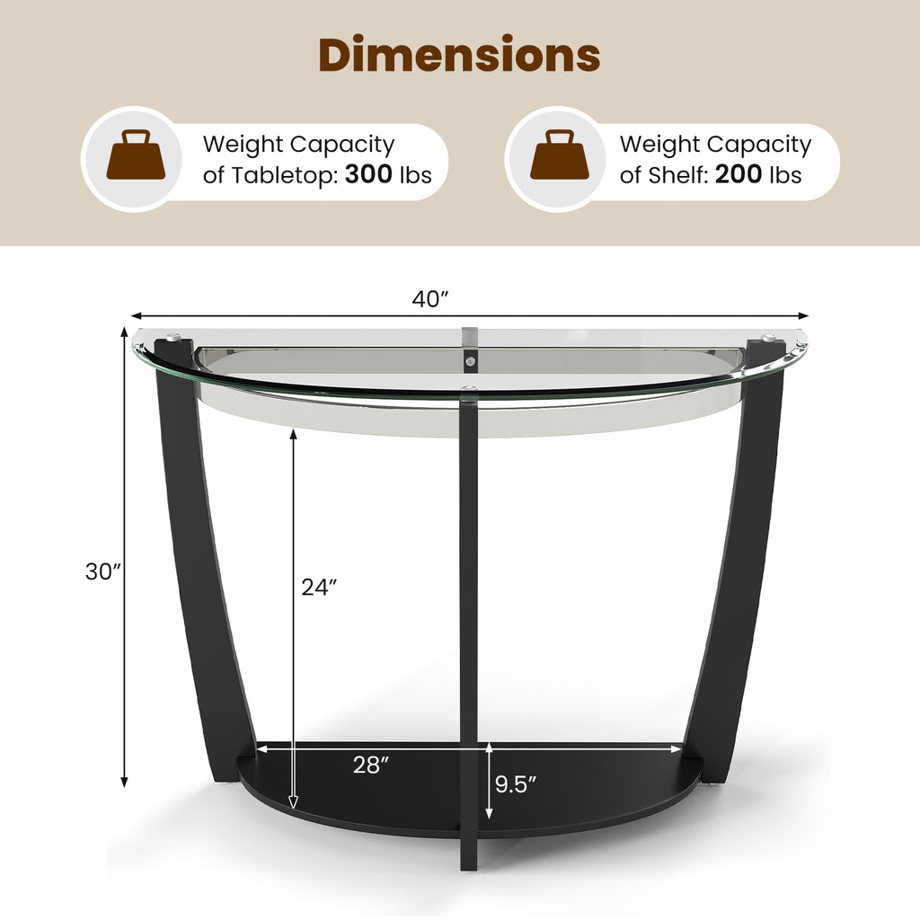 2-tier Tempered Glass Console Table with Clear Glass Top and Open Shelf-Black