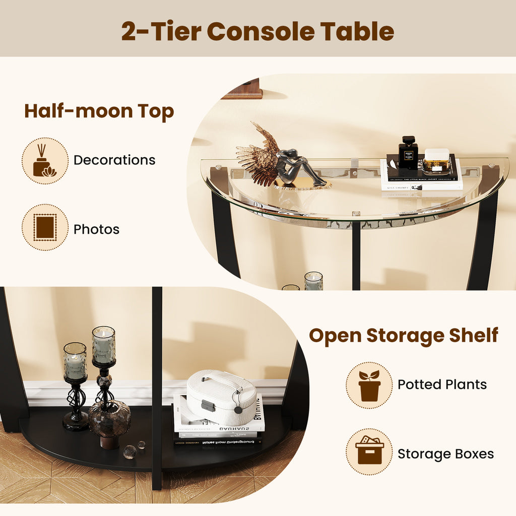 2-tier Tempered Glass Console Table with Clear Glass Top and Open Shelf-Black