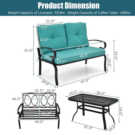 2PCS Patio Loveseat Bench Table Furniture Set with Cushioned Chair-Turquoise - Turquoise - Patio Conversation Sets