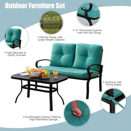 2PCS Patio Loveseat Bench Table Furniture Set with Cushioned Chair-Turquoise - Turquoise - Patio Conversation Sets