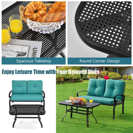 2PCS Patio Loveseat Bench Table Furniture Set with Cushioned Chair-Turquoise - Turquoise - Patio Conversation Sets