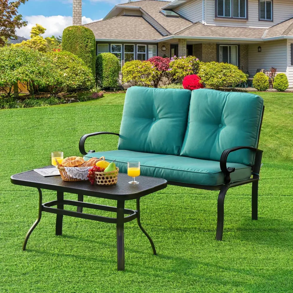 2PCS Patio Loveseat Bench Table Furniture Set with Cushioned Chair-Turquoise - Turquoise - Patio Conversation Sets