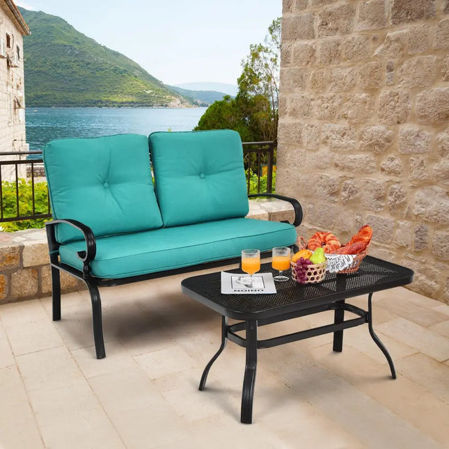 2PCS Patio Loveseat Bench Table Furniture Set with Cushioned Chair-Turquoise - Turquoise - Patio Conversation Sets