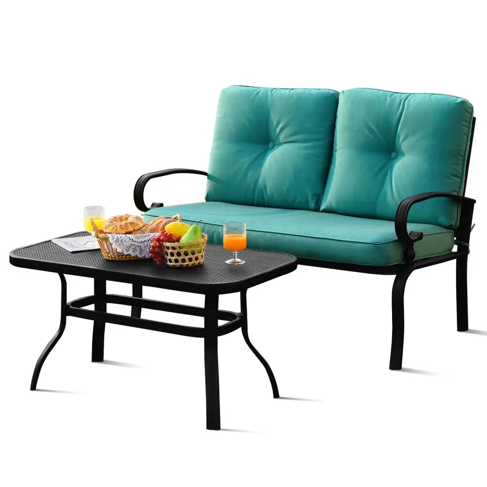 2PCS Patio Loveseat Bench Table Furniture Set with Cushioned Chair-Turquoise - Turquoise - Patio Conversation Sets