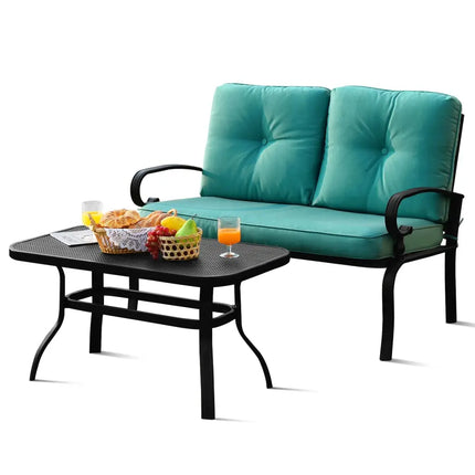 2PCS Patio Loveseat Bench Table Furniture Set with Cushioned Chair-Turquoise - Turquoise - Patio Conversation Sets
